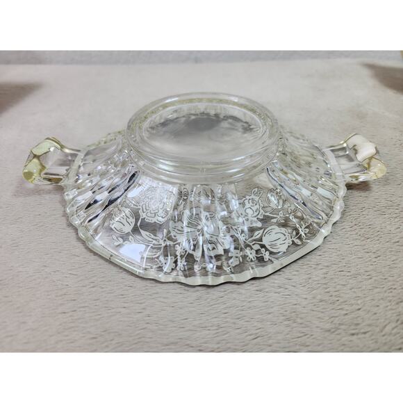 Candy Dish Clear Glass w/ handles 7 3/4" Black Floral Design Black Trim 60s Vtg - Picture 7 of 11